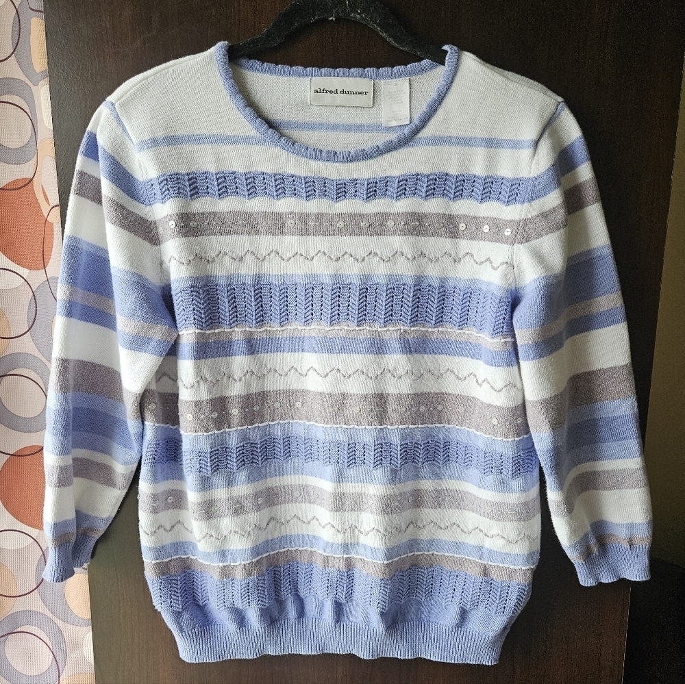 Alfred Dunner Women's Striped Sweater - Blue, White, And Grey